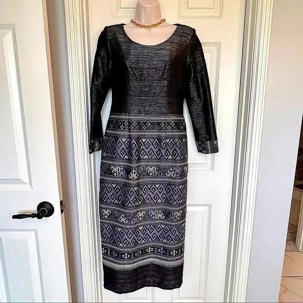 Vintage MCM Custom handmade black long sleeve scoop neck zipper back dress S-M